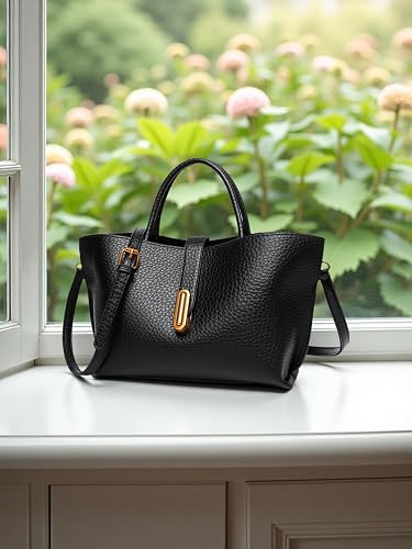 Women’s Black Leather Tote Bag – Elegant Shoulder & Crossbody Handbag with Adjustable Strap