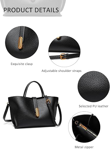 Women’s Black Leather Tote Bag – Elegant Shoulder & Crossbody Handbag with Adjustable Strap