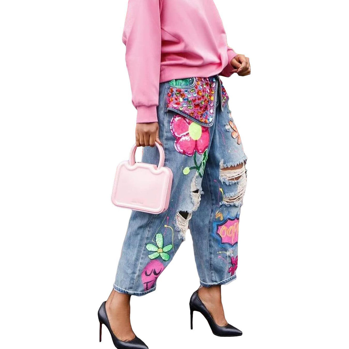 Women’s Rhinestone Graphic Distressed Jeans – Y2K Embellished Baggy Denim Pants with Colorful Patches