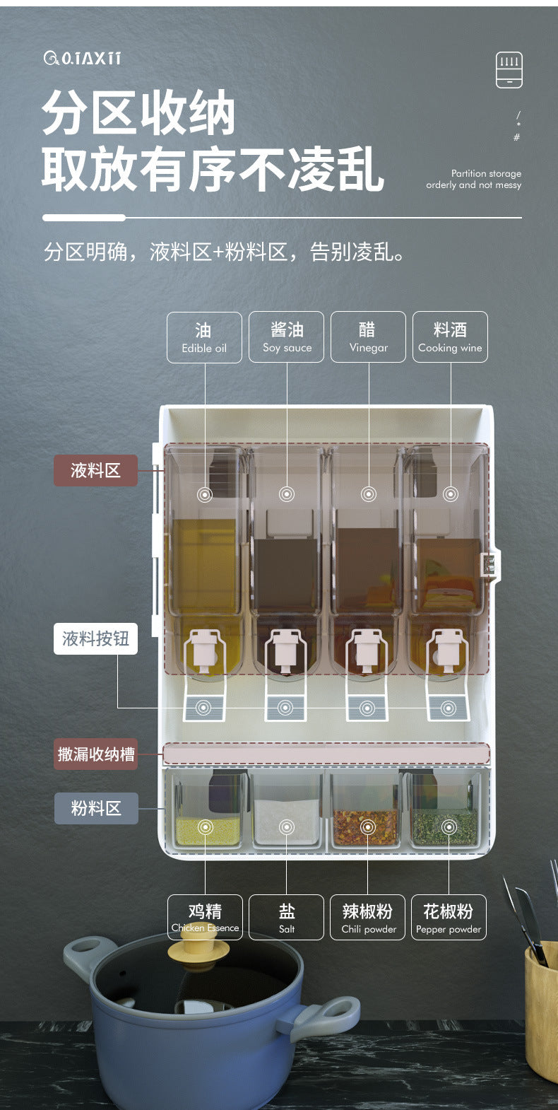 Wall-Mounted Spice Dispenser – 4-in-1 Kitchen Seasoning Organizer with Press-to-Pour Design