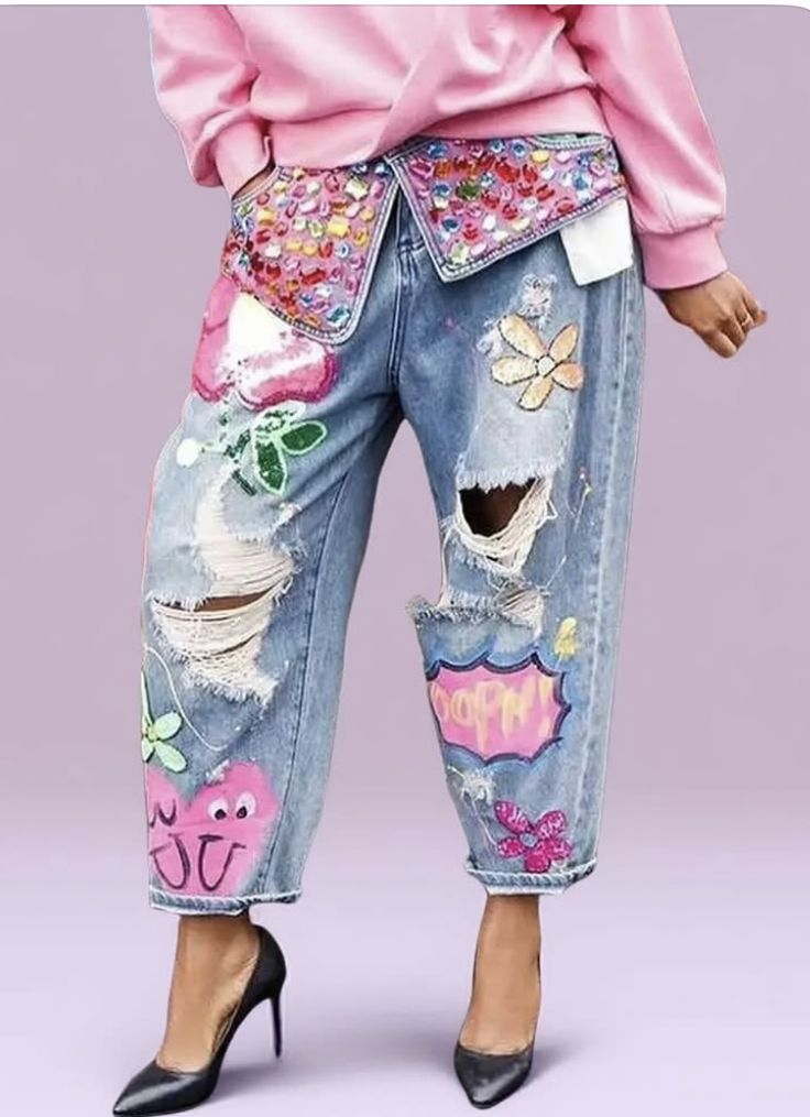 Women’s Rhinestone Graphic Distressed Jeans – Y2K Embellished Baggy Denim Pants with Colorful Patches
