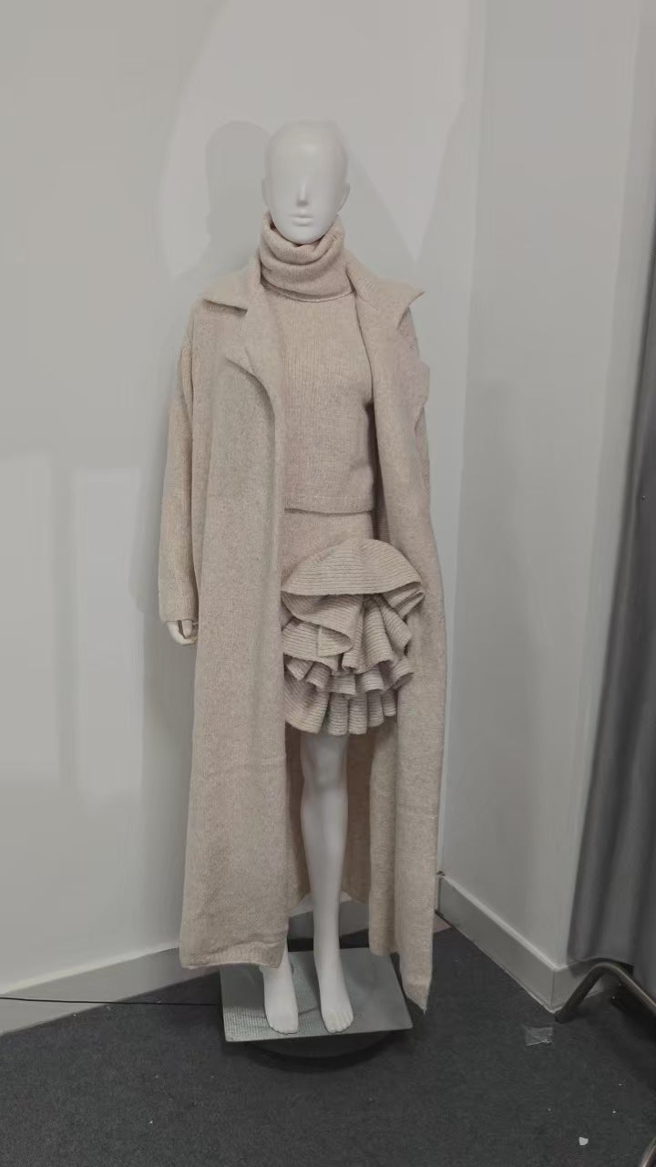 Spring and autumn loose temperament gentle style long sweater jacket skirt suit knitted cardigan three-piece suit for women